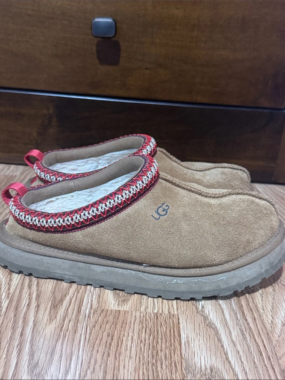 UGG Kids Chestnut Suede Slip-On Clogs with Red Trim